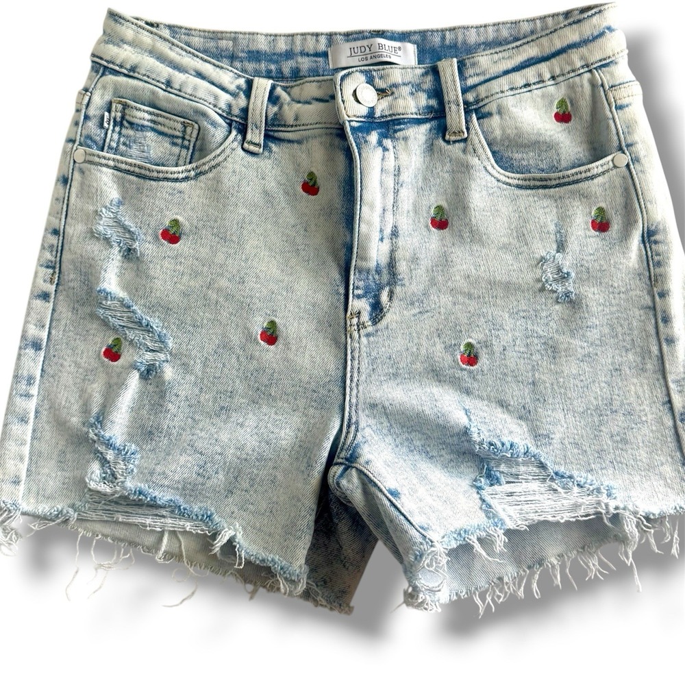 Judy Blue Cherry Embroidered Acid Wash High Rise Cutoff Denim Shorts Sz L